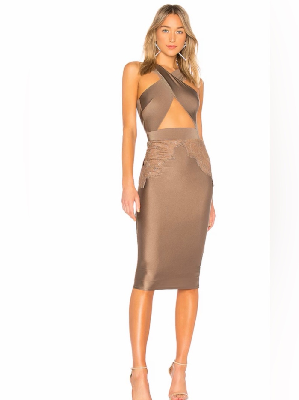 Michael Costello Revolve Taupe Philip Crisscross Cut Out Lace Trim Midi Dress S